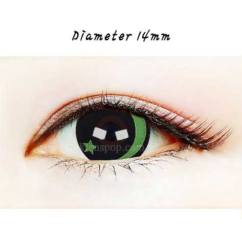 Close-up-Image-of-eye-080-Green-Moon-And-Star-Halloween-Contact-Lenses