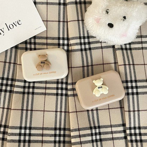 Contact Lens Bear Mirror Case Lens Tool Set Beige & Cream